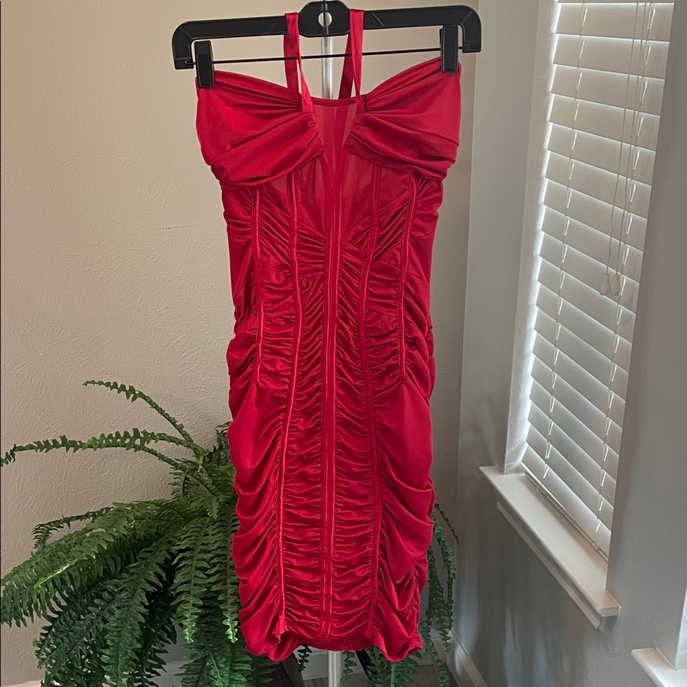 bebe Red Strapless Ruched Bodycon Dress